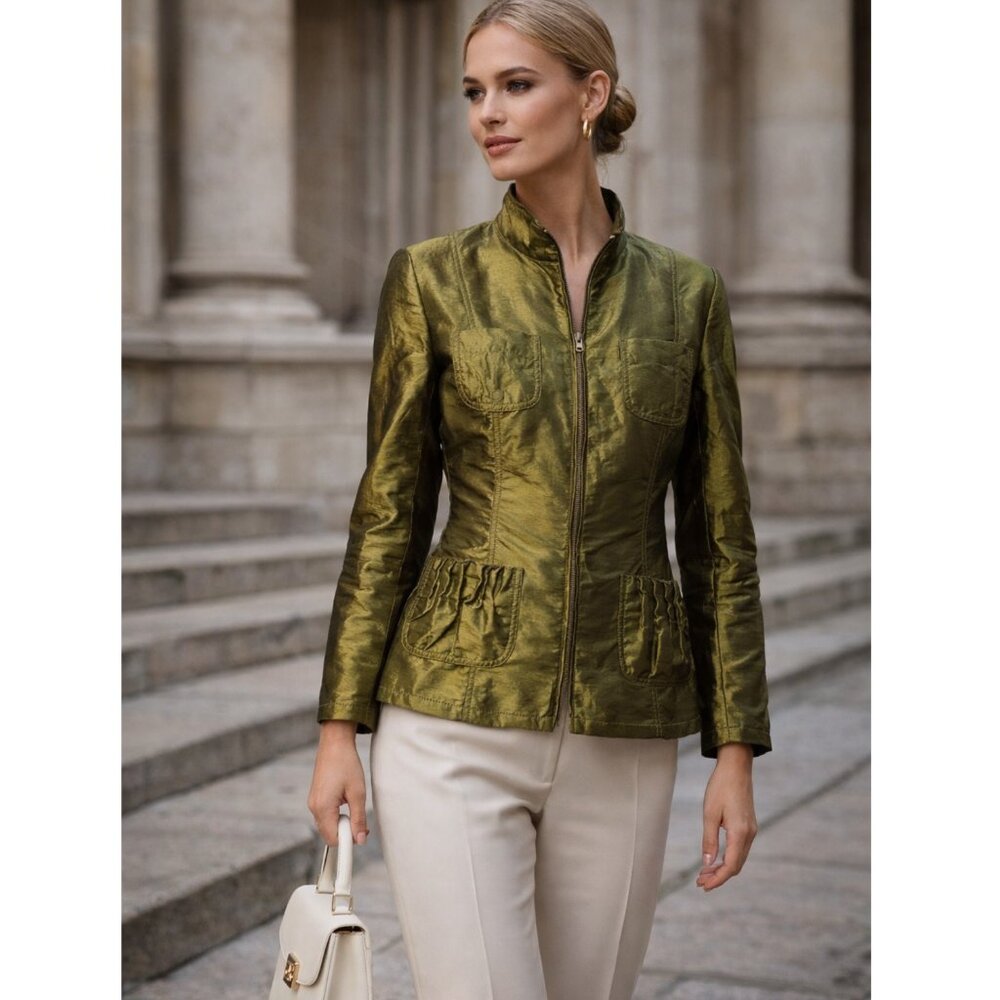 Chico’s Metallic Jacket Full Zip Silky Emerald Green Blazer size M Art-to-Wear